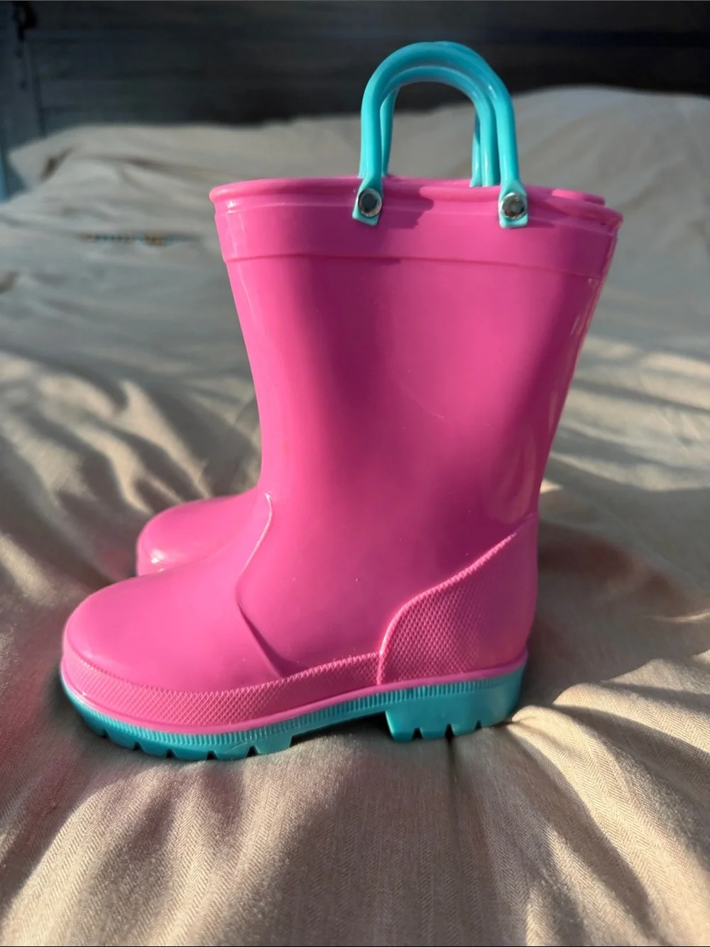 Kids Pink Rain Boots with Teal Handles